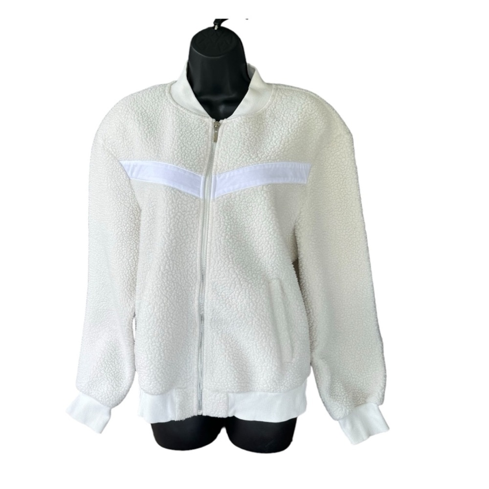 ZYIA ACTIVE Ivory Flying V Sherpa Shearling Full Zip Bomber Jacket Size Large - Picture 2 of 5